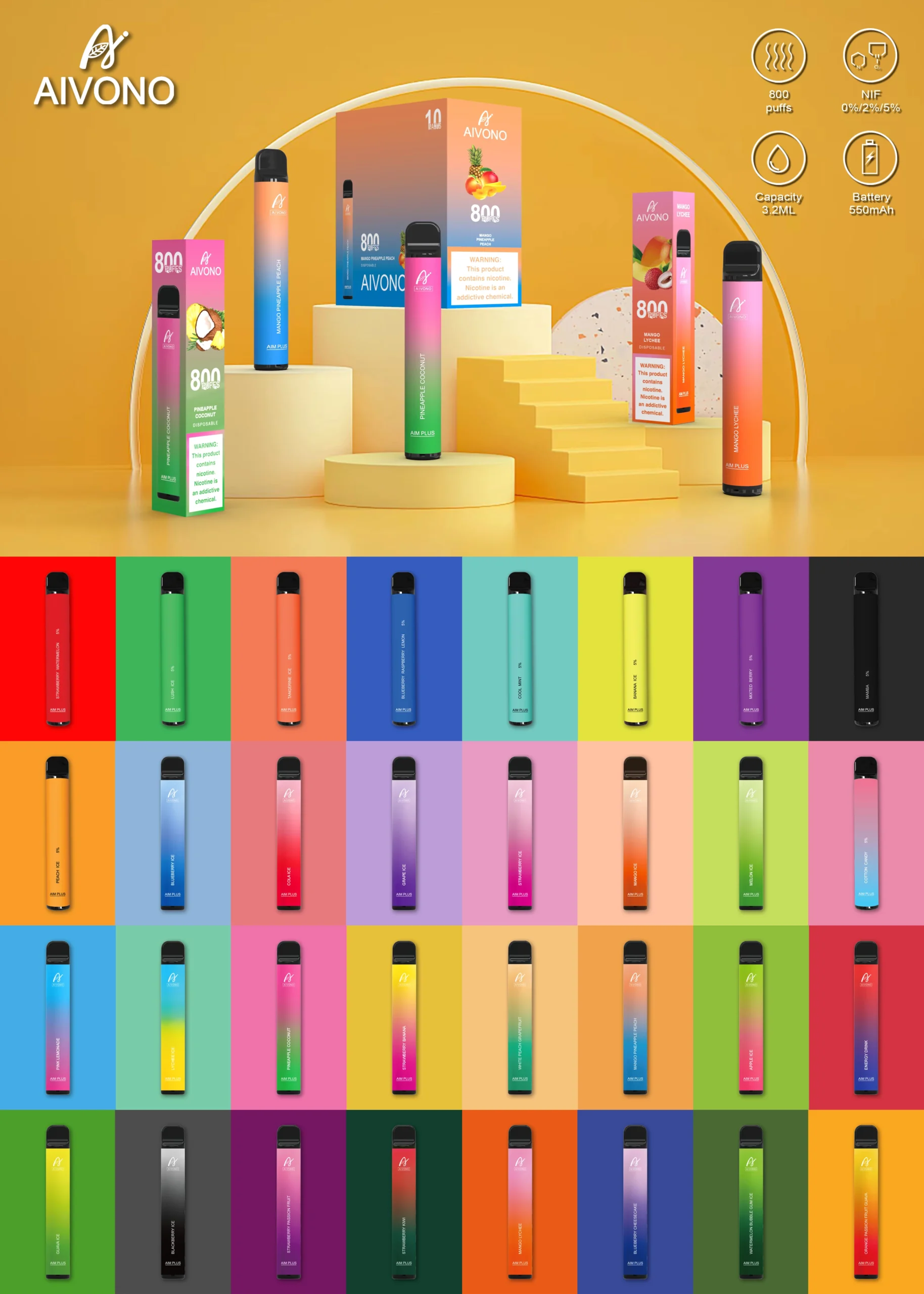 AIVONO AIM PLUS 800 Puffs 0% 2% 5% Low Nicotine Rechargeable Disposable Vapes Pen Bulk Buy Wholesale